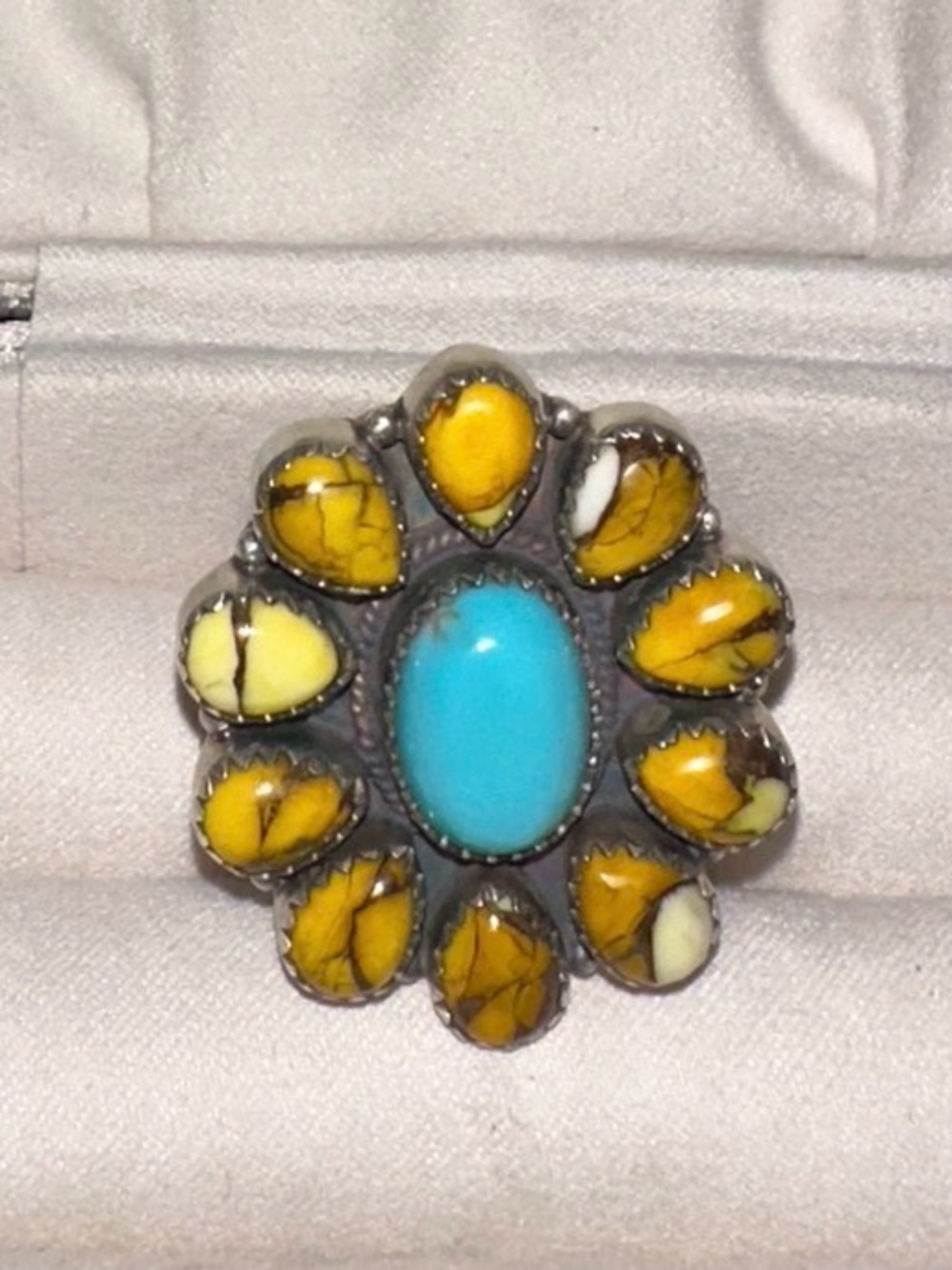 Kingman Turquoise and Honey Dahlia SunFlower Cluster Ring - Women Jewelry
